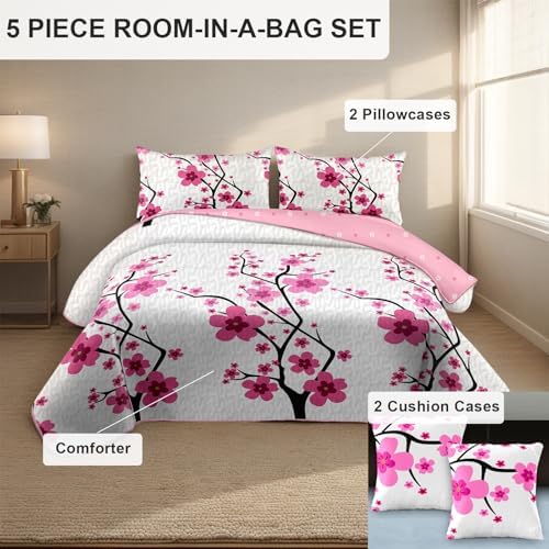 Reylox 5-Piece Cal King Bedding Set Pink Cherry Blossom