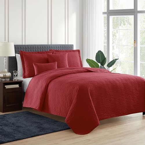 Hearth Harbor Queen Quilt Set - 7 Piece All Season Bedding Set Burgundy