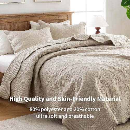 Meadow Park Embroidered Quilt Set Queen Size 3 Pieces Khaki
