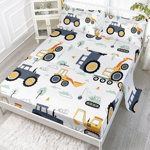 Smell Sunshine Truck Sheets Set 4PCS Kids Bedding with Crane Excavator Print