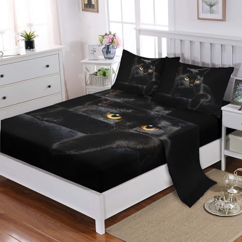 Nttopship Black Cat 4Pcs Microfiber Bed Sheets Queen Size