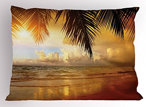 Ambesonne Ocean Pillow Sham - Caribbean Sunset Beach with Palm Tree