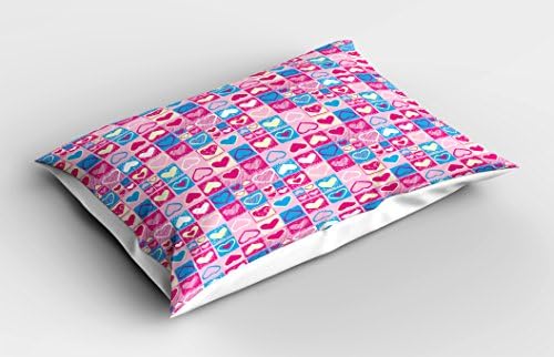 Ambesonne Love Pillow Sham - Doodle Sketchy Hearts 36 x 20 Pink Blue Cream