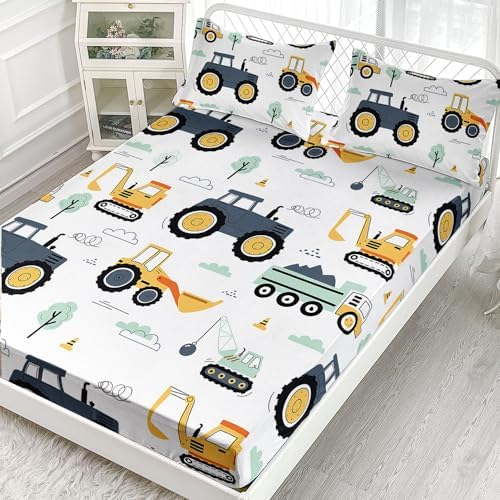 Smell Sunshine Truck Sheets Set 4PCS Kids Bedding with Crane Excavator Print