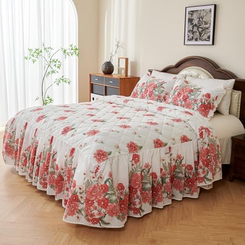 EVENHUG Red Floral 100 Cotton King Size Bedspread Set