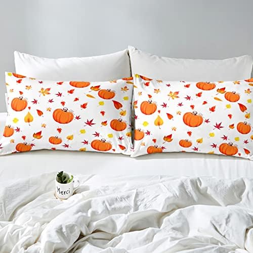 Erosebridal Fall Pumpkin Queen Sheet Set with Maple Leaves and Deep Pockets