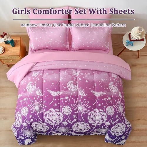Menghomeus Ombre Pink Purple Comforter Set 7 Pcs Bed in a Bag