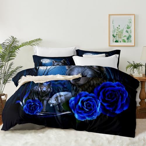 Wolf King Bedding Set Blue Flower Microfiber