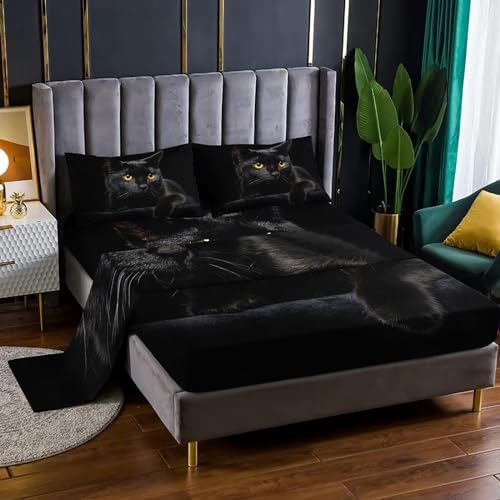 Nttopship Black Cat 4Pcs Microfiber Bed Sheets Queen Size