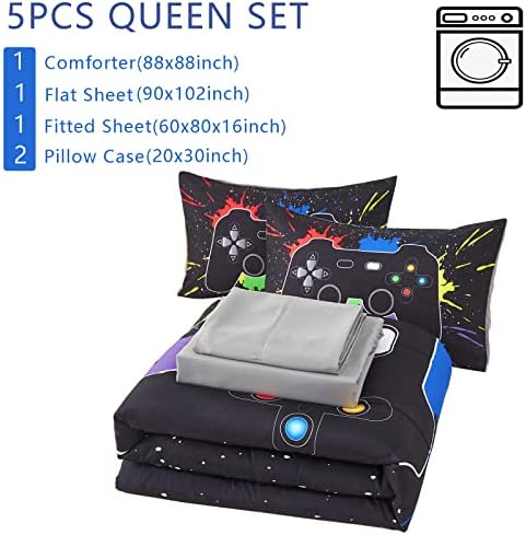 KAKKI 5 Piece Boys Gamer Comforter Set with Sheets