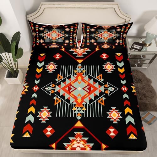 Feelyou Geometric Kids Sheet Set Queen Size Black and Red 4Pcs