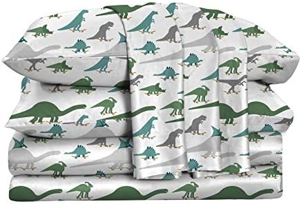 Kids Rule 4-Piece Dinosaur Sheet Set for Boys - Skateboarding Dino Prints