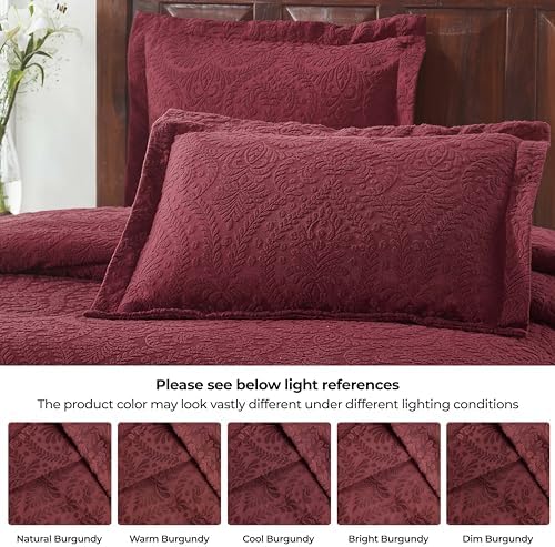 Superior Aspen Cotton Blend 3 Piece Bedspread Set Floral Scalloped Burgundy