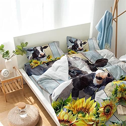 LooPoP 4PCS California King Comforter Set with Farm Cow Sunflower Design
