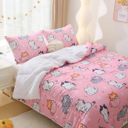 Gusuhome Kids Pink Cats Comforter Set 3 Piece