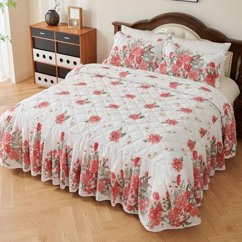 EVENHUG Red Floral 100 Cotton King Size Bedspread Set