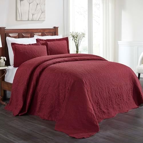 Superior Aspen Cotton Blend 3 Piece Bedspread Set Floral Scalloped Burgundy