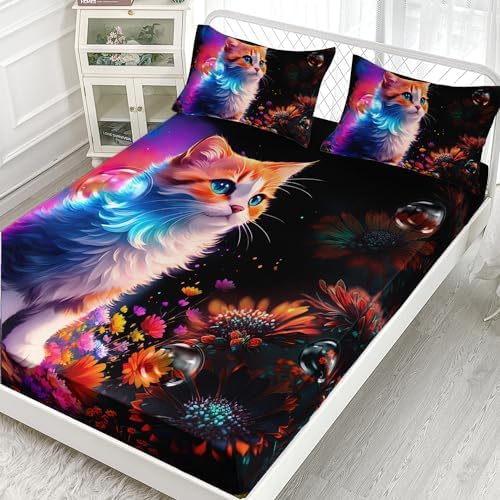 Kawaii Cat Fitted Sheet Set 3Pcs for Kids and Adults