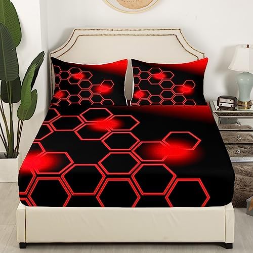 Feelyou Red and Black Honeycomb Sheet Set Queen Size