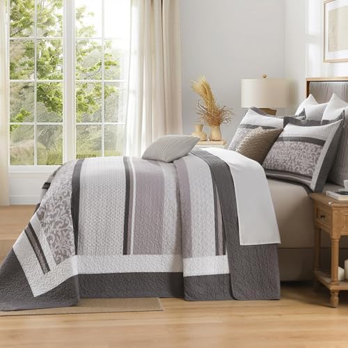 Bedduvit Oversized Queen Bedspread Set 3pcs - Farmhouse Striped Botanical Bedspread Coverlet