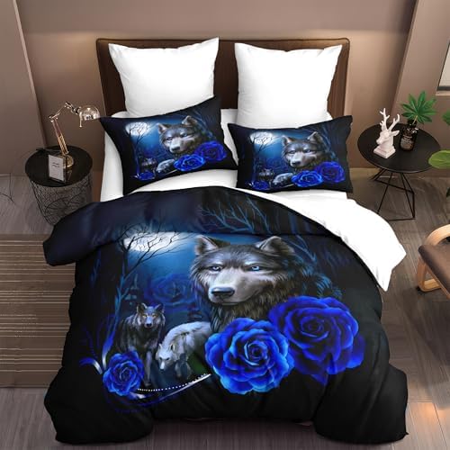 Wolf King Bedding Set Blue Flower Microfiber