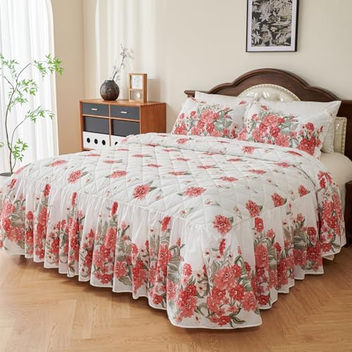EVENHUG Red Floral 100 Cotton King Size Bedspread Set