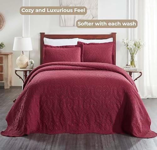 Superior Aspen Cotton Blend 3 Piece Bedspread Set Floral Scalloped Burgundy