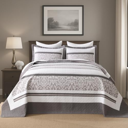 Bedduvit Oversized Queen Bedspread Set 3pcs - Farmhouse Striped Botanical Bedspread Coverlet
