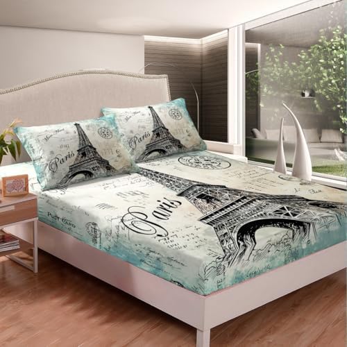 Feelyou Eiffel Tower Fitted Sheet Bedding Set Queen Size
