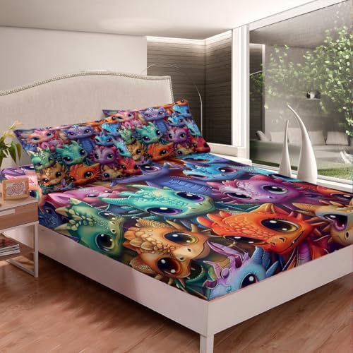 Feelyou Cartoon Dragon Bed Sheet Set Queen Size Kids 3Pcs