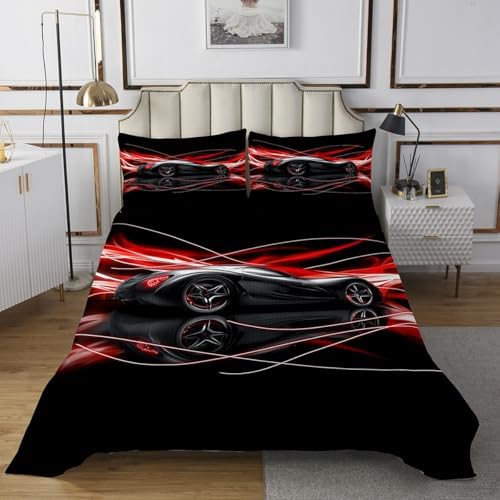 Jejeloiu Racing Car Bedspread Twin Size Red Coverlet Set