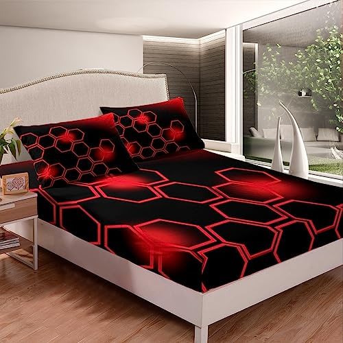 Feelyou Red and Black Honeycomb Sheet Set Queen Size