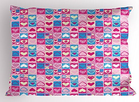 Ambesonne Love Pillow Sham - Doodle Sketchy Hearts 36 x 20 Pink Blue Cream