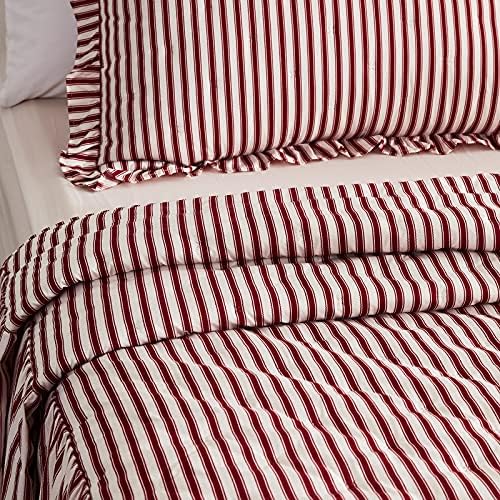 CHIXIN Ticking Stripe Ruffle Skirt Bedspread 3 Piece Set - Burgundy Red