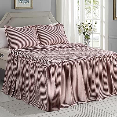 CHIXIN Ticking Stripe Ruffle Skirt Bedspread 3 Piece Set - Burgundy Red