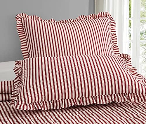 CHIXIN Ticking Stripe Ruffle Skirt Bedspread 3 Piece Set - Burgundy Red