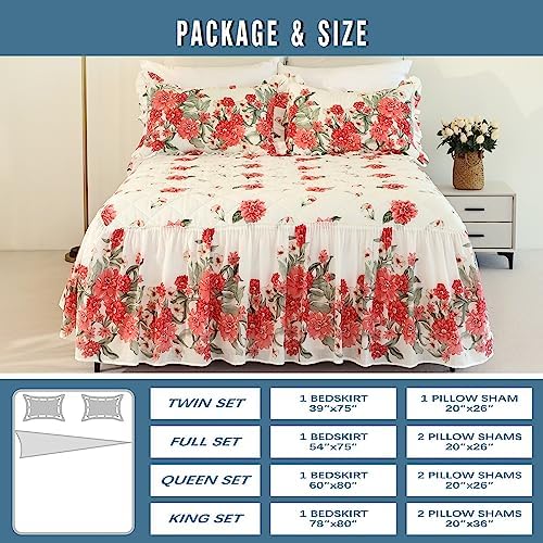 EVENHUG Red Floral 100 Cotton King Size Bedspread Set