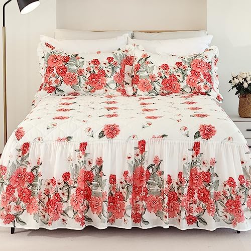 EVENHUG Red Floral 100 Cotton King Size Bedspread Set